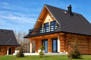 A housing estate of modern wooden houses.